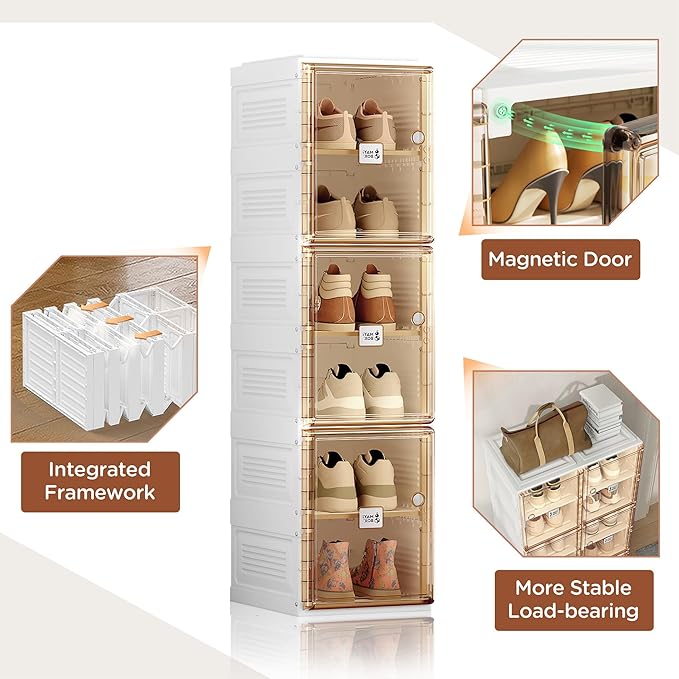 ANTBOX Shoe Organizer Storage Box, Portable Folding Shoe Rack for Closet with Magnetic Clear Door,Large Sneaker Cabinet Bins Sturdy Easy Assembly 8 Layers-8 Grids