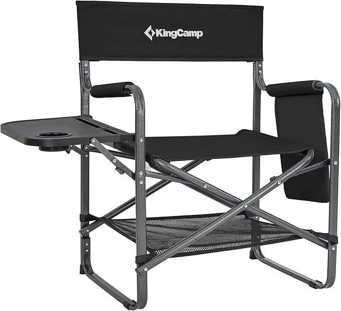 KingCamp Premium Extra Heavy Duty Wide Camping Directors Chairs Supports 300lbs for Adults, Padded Folding Portable Camping Chair with Side Table Storage Pockets Carry Straps, Black