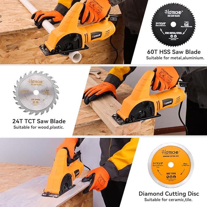 Hoteche 3-3/8-Inch Mini Circular Saw 5A Multifunctional Portable Saw with 3pcs Blades for Metal, Wood and Tile Cutting
