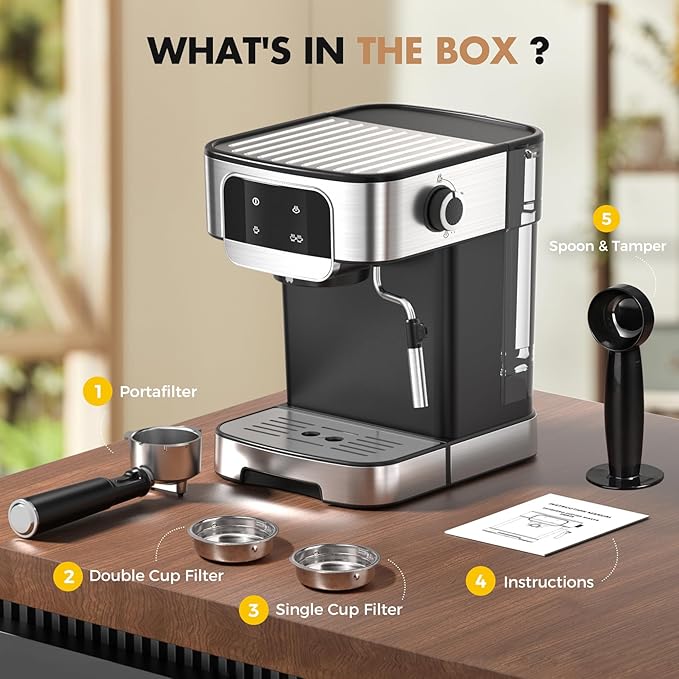 Espresso Machine 20 Bar, Professional Espresso Maker With Auto Milk Frother, Home Compact Espresso Coffee Machine With Led Touch Screen, 61OZ Removable Water Tank For Latte, Cappuccino