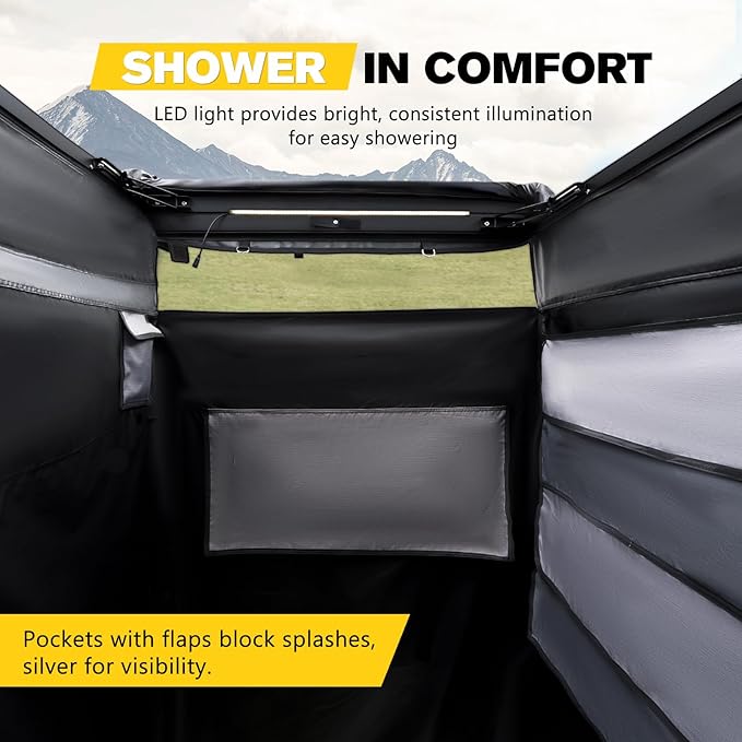 BUNKER INDUST Vehicle Side Shower Tent with Roof, Car Portable Privacy Shower Bathroom, Outdoor Camping Awning Shower Room Waterproof, Built-in LED Light for Night, Black