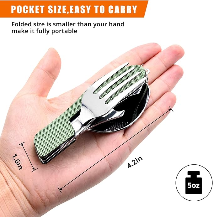 HIKENTURE 4-in-1 Camping Utensils,Stainless Steel Spoon Fork Knife Combo with Bottle Opener,Backpacking Eating Cutlery for Traveling,Hiking,Scouting Hobo Multitool Set (Army Green)