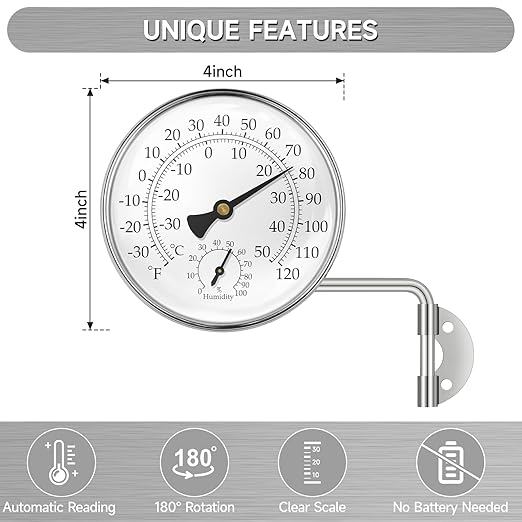 4" Swivel Thermometer Outdoor Thermometer, Decorative Weather Thermometer Hygrometer for Kitchen Window, Patio, Greenhouse and Garage (Silver)