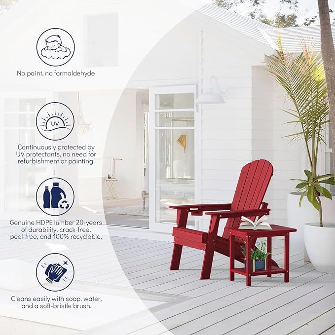 Folding Adirondack Chair Set of 4, SGS Tested, Wooden Textured with Cup Holder, Heavy All-Weather HDPE Comfortable Set Poolside Backyard Lawn,Red