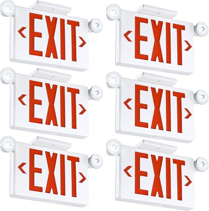 Gruenlich Exit Signs with Emergency Lights, 2 Adjustable LED Head with Battery Backup, 94V-0 Fire Resistant, AC 120/277V, Hardwired Commercial Emergency Light Combo for Business, 6 Pack
