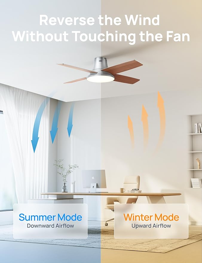Dreo Ceiling Fans with Lights, 12 Speeds & 3 Fan Modes, Quiet DC Motor, Low Profile Easy to Install, Flush Mount Smart Ceiling Fan with Dimmable LED, 12H Timer for Bedroom, Remote, Silver, 44''