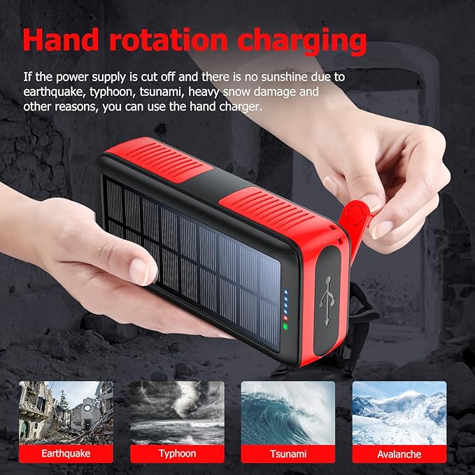 Solar Charger Power Bank 63200mAh, Portable Charger with Dual Outputs & Dual Inputs 4 LEDs Flashlight, Hand Crank Power Bank Fast Charging Battery Pack for Outdoor Camping Survival Gear