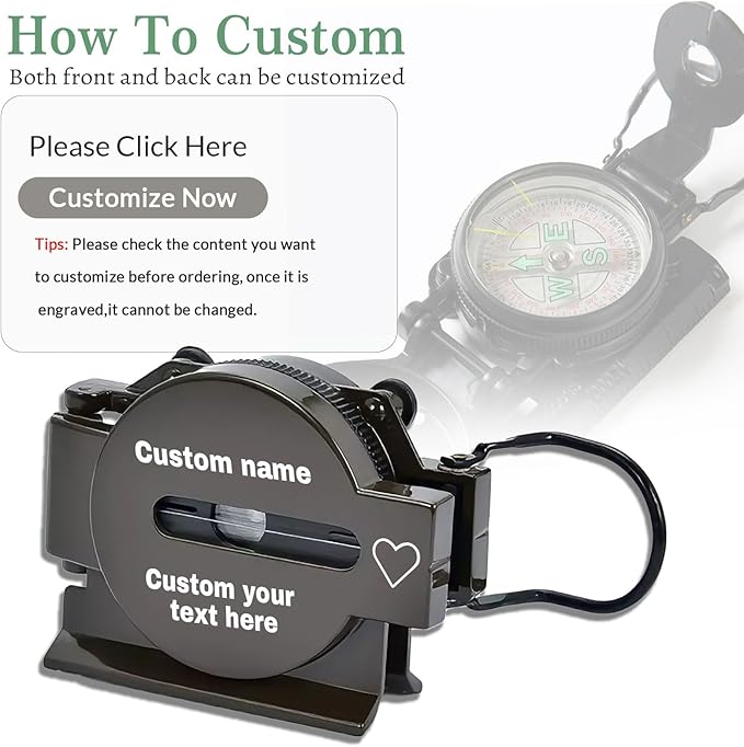 Custom Portable Compasses Keychain with Text Mini Compass with Waterproof Luminous Function Survival Gifts for Men Hiking Camping Hunting Map Navigation Tool
