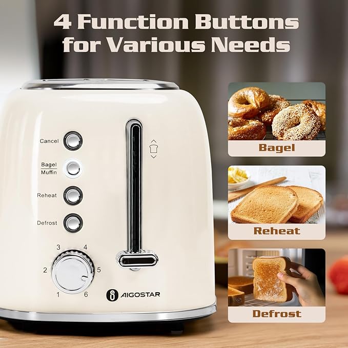 Aigostar Toaster 2 Slice, Retro Extra-Wide Slot Toasters Best Rated Prime for Toasting Bagels, Breads, Waffles & More, Cancel, Defrost & 6 Browning, Removable Crumb Tray, Stainless Steel, Cream White