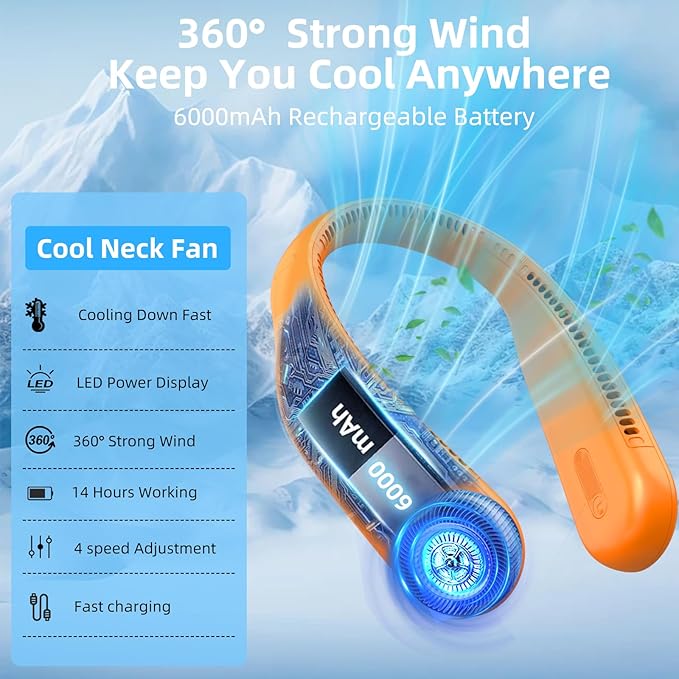 Portable Neck Fan,Gift Ideas,Personal Wearable Bladeless Fan,360° Cooling,LED Display,4-Speeds,6000mAh Rechargeable,Powerful Wind,Outdoor Travel Camping,Birthday Gifts for Men Women Dad Mom (Orange)