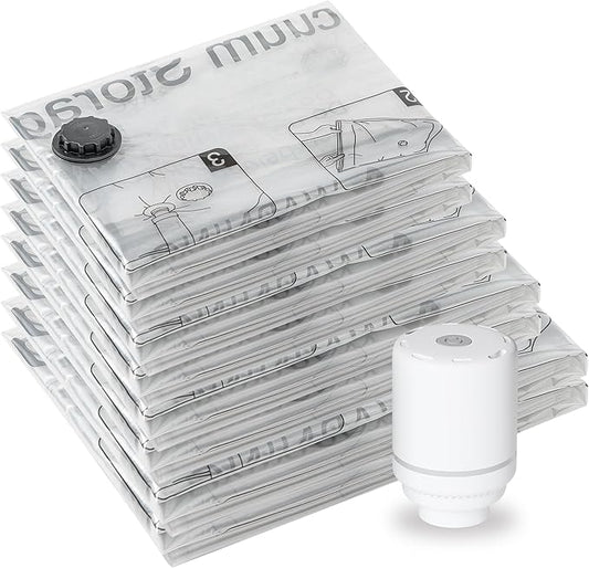 SUOCO 8 Combo Vacuum Storage Bags with Electric Pump, (2 Jumbo, 2 Large, 2 Medium, 2 Small) Travel Clothes Space Saver Bags, Compression Airtight Seal Bags for Clothing, Pillows, Comforters, Blankets