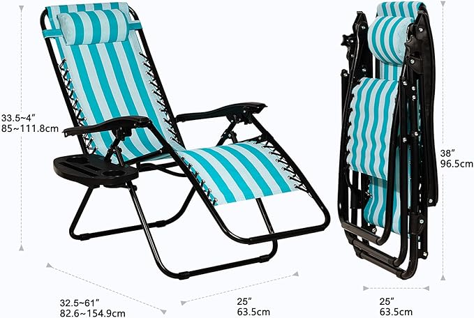 Nazhura Set of 2 Relaxing Recliners Patio Chairs Adjustable Steel Mesh Zero Gravity Lounge Chair Beach Chairs with Pillow and Cup Holder (Light Blue Stripe)
