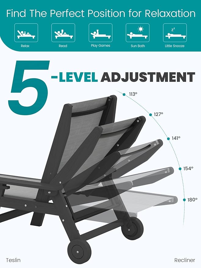 SERWALL Textilene Patio Chaise Lounge Chair Set of 2, 5 Positions Outdoor Lounge Chair with Rolling Wheels for Pool, Deck, Black