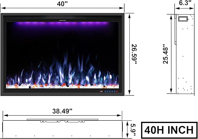 Benrocks 40'' WiFi- Enabled Electric Fireplace Inserts - Alexa & App Control, Slim Recessed & Wall Mounted, 13 * 13 * 3 Flame Color Combinations, 750W/1500W, Black