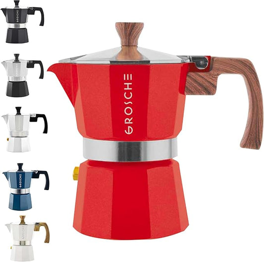GROSCHE Milano Stovetop Espresso Maker Moka Pot 3 espresso Cup - 5oz, Red - Cuban Coffee Maker Stove top coffee maker Moka Italian espresso greca coffee maker brewer percolator