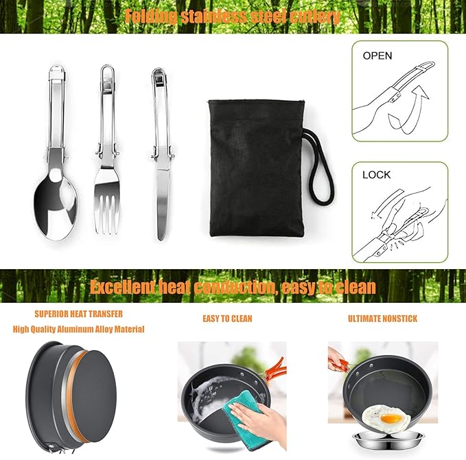 Camping Cooking Set Camping Cookware Outdoor Aluminum Mess Kit with Frying Pan, Pot with Lid, 1.2L Kettle Set and 2 Stainless Steel Plate, 2 Folding Cups and 2 Set Knives Spoons for Backpacking Picnic