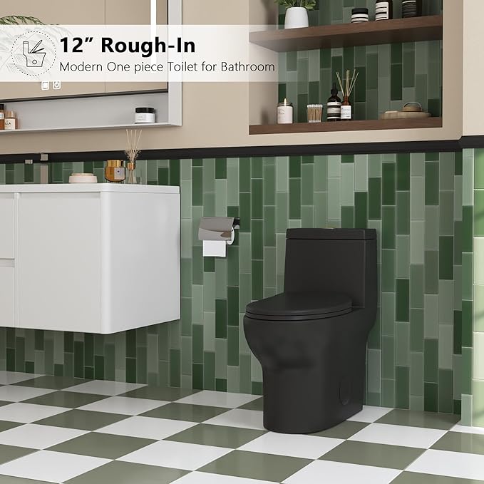 DeerValley DV-1F026B Elongated One Piece Toilet, Dual Flush 1.1/1.6 GPF Toilet with Comfortable Seat Height, Powerful & Quiet Modern Standard Toilet for Bathroom, 12" Rough-In