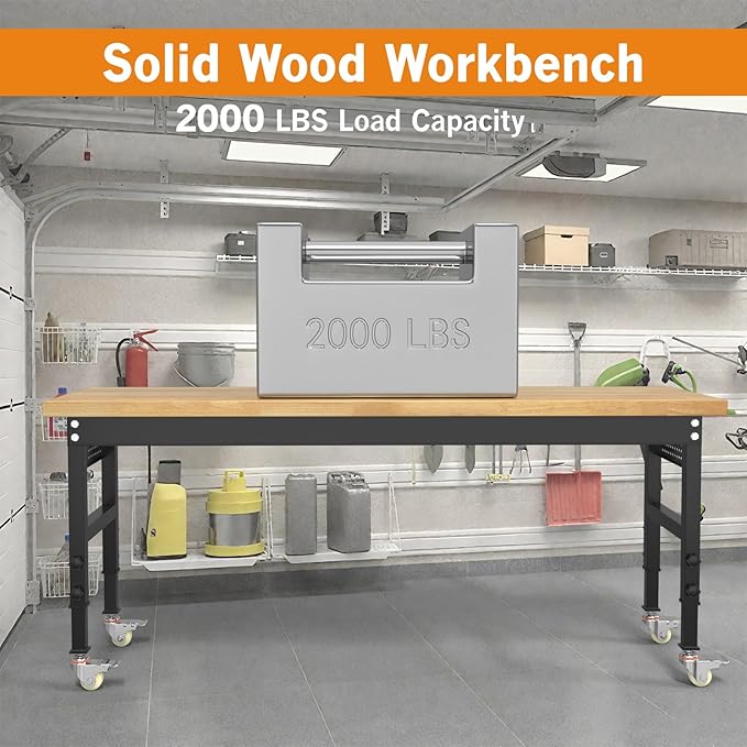 70" Heavy Duty Solid Wood Work Bench with Pegboard, Adjustable Height Workbench with Wheels and Power Outlets, 2000 LBS Capacity Work Table for Garage, Workshop, Office, Home