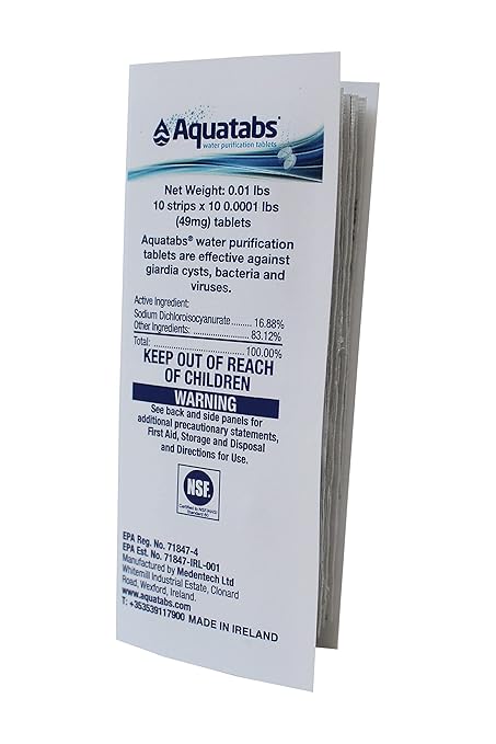 Aquatabs 49mg Water Purification Tablets (100 Pack). Water Filtration System for Hiking, Backpacking, Camping, Emergencies, Survival, and Home-Use. Easy to Use Treatment and Disinfection.