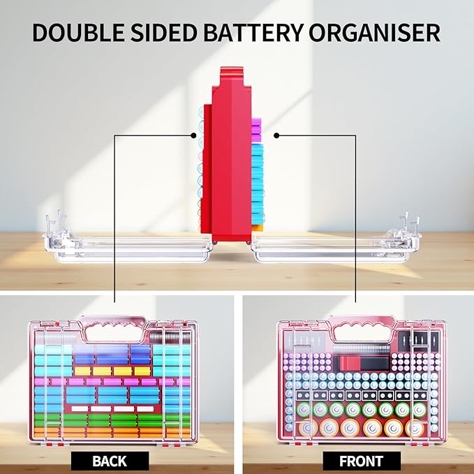 Battery Organizer Storage Holder Box Case with Tester, Stores & Protects Up to 260 Batteries, Double-Clear Locking Lid, Holds AA AAA C D and More (Not Includes Battery Pack) - Red