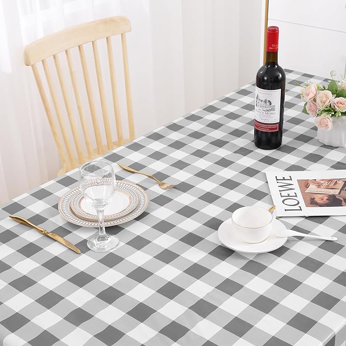 misaya Rectangle Waterproof Vinyl Table Cloth, Buffalo Flannel Backed Tablecloth, Wipeable Plastic Table Cover for Dinner, Kitchen, Outdoor (60" x 84", Grey and White)