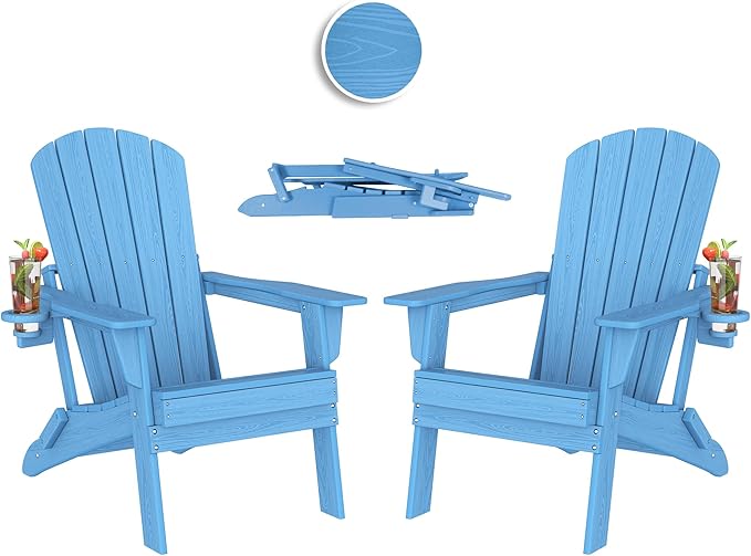 Folding Adirondack Chair Set of 2 with Cup Holder,Heavy All-Weather,Wooden Textured,HDPE Outdoor Chairs, Patio Backyard Fire Pit, Light Blue