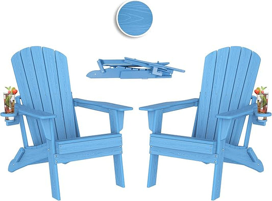 Folding Adirondack Chair Set of 2 with Cup Holder,Heavy All-Weather,Wooden Textured,HDPE Outdoor Chairs, Patio Backyard Fire Pit, Light Blue