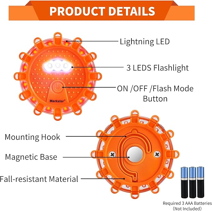 6-Pack LED Road Flare Car Emergency Kit,Magnetic Base & Hook Road Flares Safety Light With 9 Flashing Modes,Roadside Flares Emergency Lights For Vehicles (6 Pack Parts)