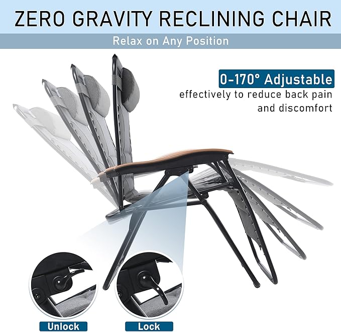 PHI VILLA XXL Oversized Padded Zero Gravity Chair, Foldable Patio Recliner, 30" Wide Seat Anti Gravity Lounger with Cup Holder, Set of 2, Support 400 LBS (Gray)
