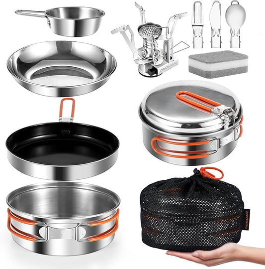 Odoland 10pcs Stainless Steel Camping Cookware Camping Pot and Pan Set with Portable Camping Stove Camping Mess Kit with Plates Bowls Forks Knives Spoons for Hiking Backpacking and Picnic