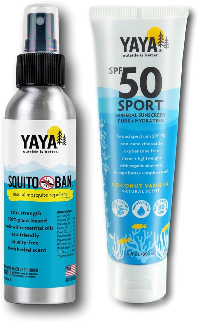 Sport Sun + Bug Protection Bundle by YAYA Organics | Reef-friendly SPF 50 Mineral Sunscreen Lotion and Deet-free Squito Ban Natural Mosquito Repellent | 3 oz / 4 oz
