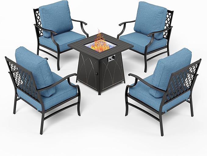 Patio Furniture Set with Fire Pit Table, 5 Pcs Metal Outdoor Conversation Set, 4 Single Chairs with 5.75" Extra Thick Cushion and 28" Fire Pit Table for Backyard Deck, Navy Blue