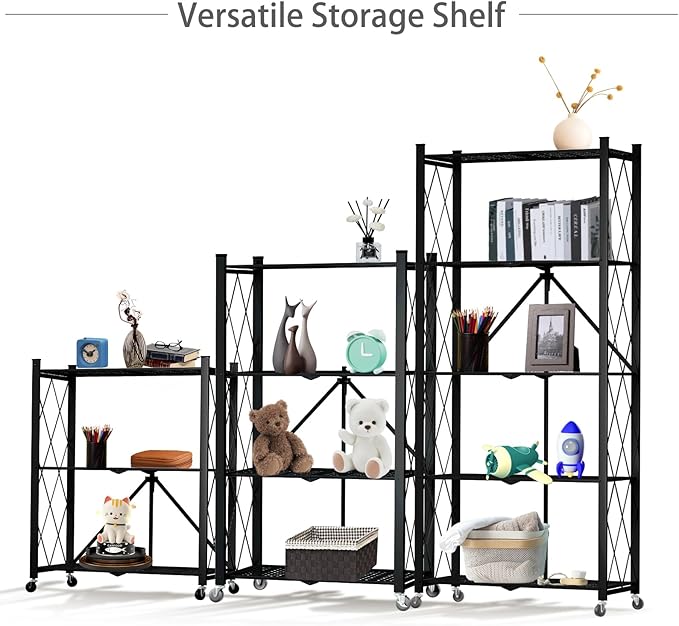 5 Tier Folding Shelf with Wheels,Metal Steel Collapsible Shelves,No Assembly Portable Shelves Organizer Rack,Rolling Standing Utility Rack for Kitchen, Pantry, Office, Black