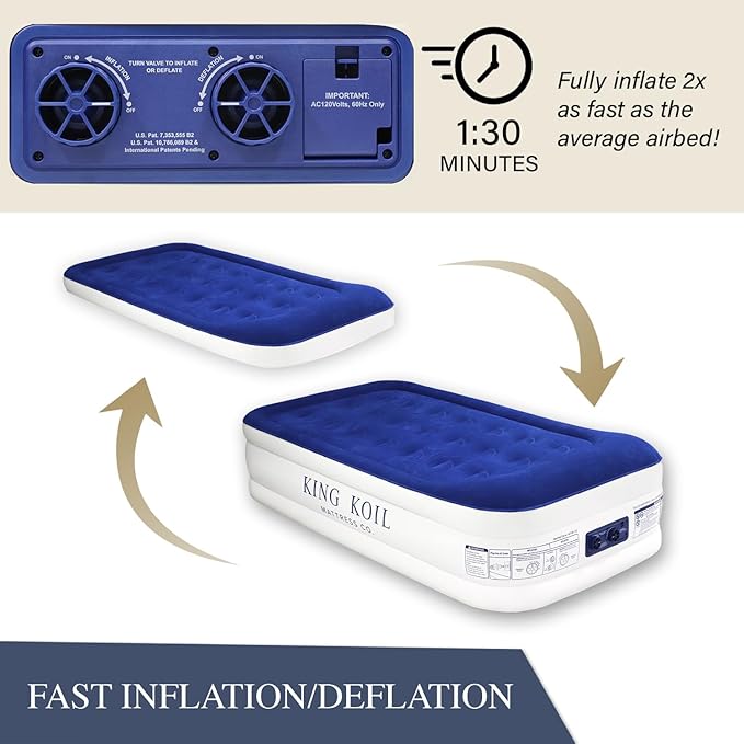 King Koil Luxury Twin Air Mattress with Built-in Pillow Top & Integrated High-Speed Patented Pump – 20" Inflatable Twin Blow Up Airbed for Camping, Home & Guests, Waterproof, 1-Year Warranty