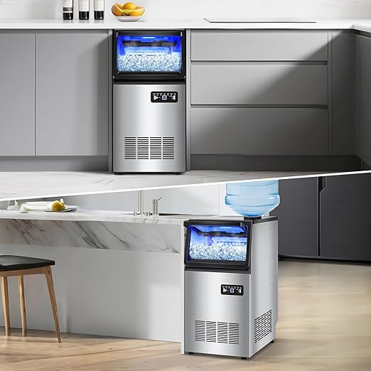 Commercial Ice Maker Machine 140LBS/24H, Dual Water Inlet Options, Freestanding Under Counter Ice Maker Smart LCD, Self-Cleaning, Quiet for Home, Bar, Restaurant, Support 5-Gallon Bottle Water