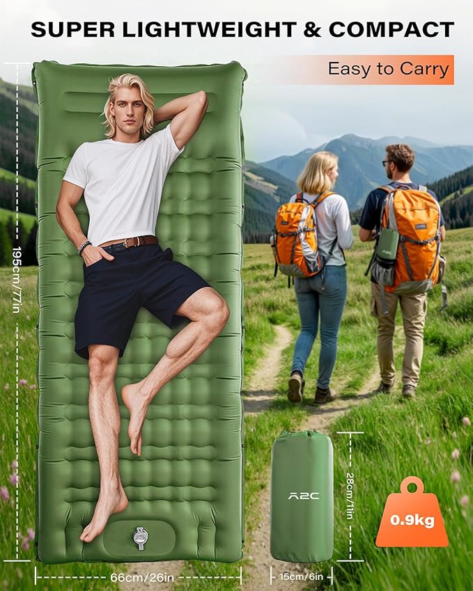 A2C Camping Sleeping Pad, Ultralight Inflatable Sleeping Pads with Built-in Foot Pump & Pillow, Compact Camping Mattress for Backpacking, Hiking, and Traveling