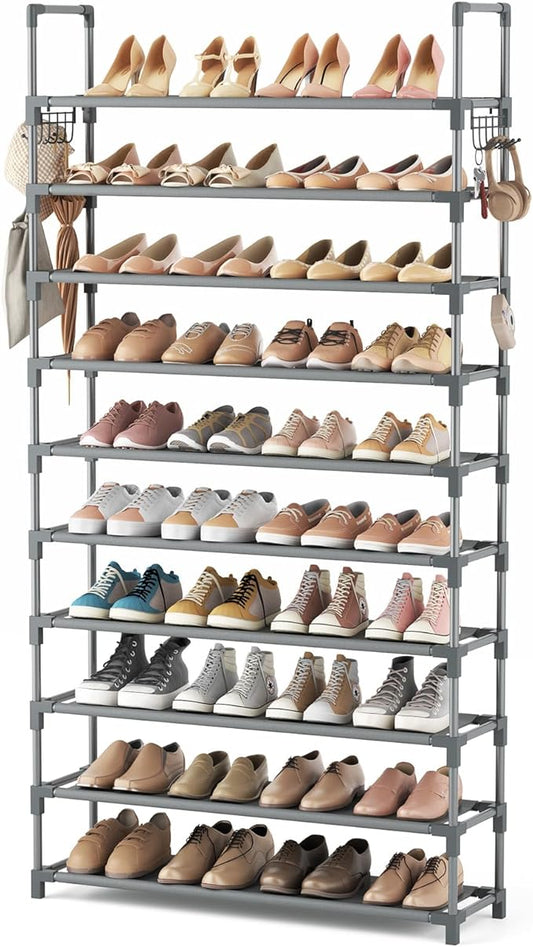 VTRIN 10 Tiers Shoe Rack Tall Large Capacity 50 Pairs Wide Shoe Organizer Sturdy Shoe Shelf for Entryway with Two Hooks Metal Shoe Storage for Closet, Bedroom, Grey