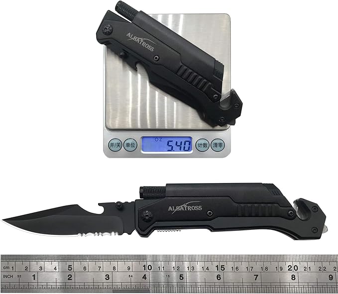 ALBATROSS 6-in-1 Survival Tactical Military Folding Pocket Knives with LED Light,Seatbelt Cutter,Glass Breaker,Magnesium Fire Starter,Bottle Opener;Multi-Function Emergency Tool(Black)