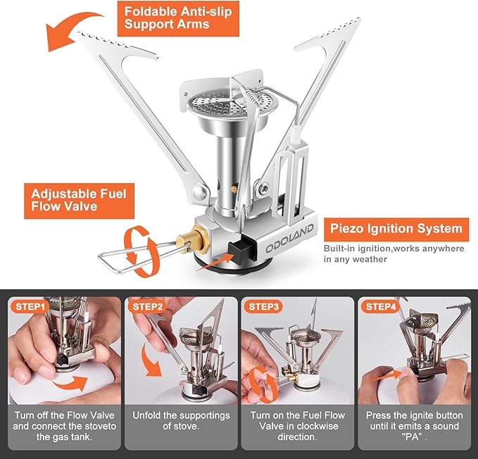 Odoland 10pcs Stainless Steel Camping Cookware Camping Pot and Pan Set with Portable Camping Stove Camping Mess Kit with Plates Bowls Forks Knives Spoons for Hiking Backpacking and Picnic