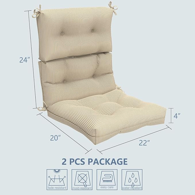 LVTXIII Outdoor Seat and Back Chair Cushion Patio Tufted High Back Cushion with Ties, Seasonal Replacement Rocking Chair Cushion for Home Office Garden Use, 44” L x 22” W, Set of 2, Stripe Beige