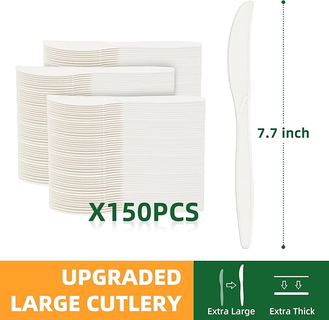100% Compostable Knives, 7.7" 150pcs Large Disposable Cornstarch Cutlery Heavy Duty Eco-Friendly Utensils Durable and BPI-Certified Party Supplies No Plastic, Ivory White