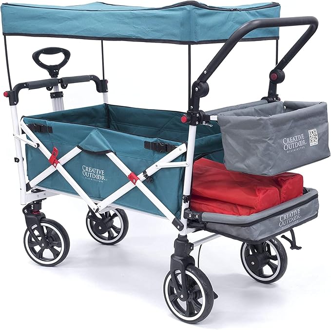 Creative Outdoor Wagon for Kids Push Pull Collapsible Stroller with Canopy Folding Cart | Titanium Series Plus | Beach, Park, Garden (Solid Teal)