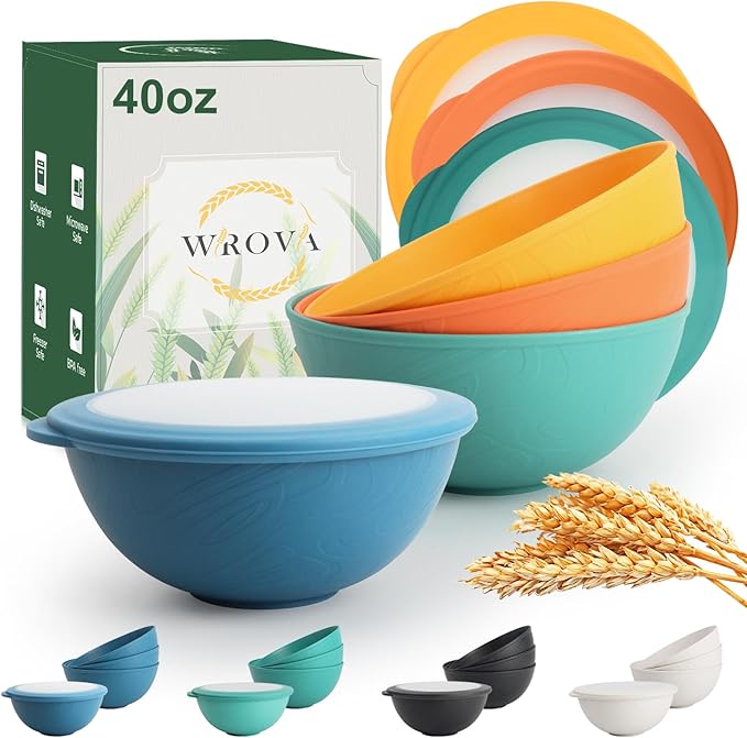 40oz wheat straw bowls with lids set of 4,cereal bowls with covers anti-leaking,unbreakable salad container for lunch, dishwasher safe bowl sets for kitchen. Vibrant Series