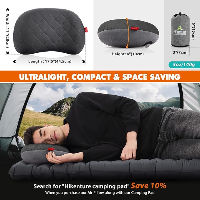 Hikenture Camping Pillow with Removable Cover, Ultralight Inflatable Backpacking Pillow for Sleeping, Blow Up Pillows, Portable&Compact Hiking Pillow for Beach, Travel, Outdoor(Grey)