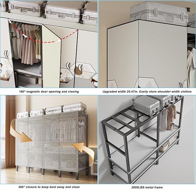 FPIGSHS Heavy Duty Clothes Rack with Magnetic Door 2000LBS Foldable Portable Wardrobe Closet for Hanging Clothing Rolling Garment Rack on Wheels for Bedroom Closet System (C(Pattern Door, 49.2in)