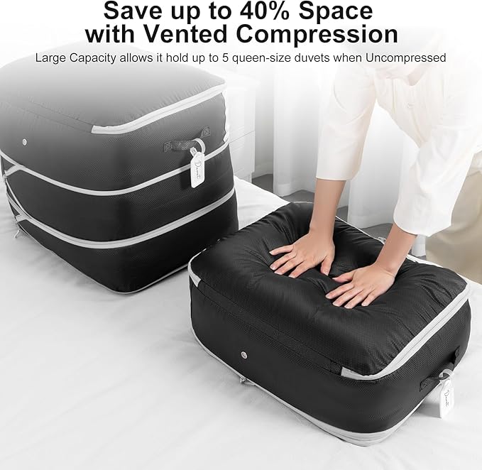 Comforter Storage Bag - Large Capacity Blanket Storage Bags 3-Layer Ultra Space Saving Self Compression Organizer, Washable Compression Bags for Storage Comforter Blanket, 8-Pack, Black