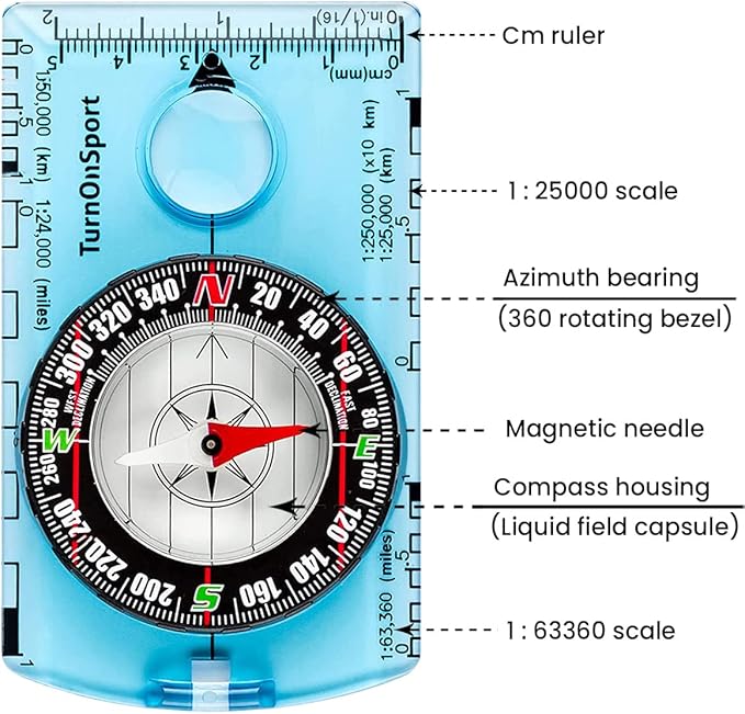 TurnOnSport Orienteering Compass - Advanced Scout Compass for Hiking, Camping, and Backpacking - Best Survival Gifts for Kids