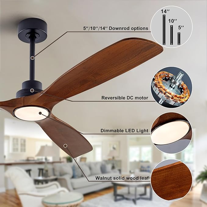 60" Wood Ceiling Fan with Lights Remote Control,Quiet DC Motor 3 Blade Ceiling Fans for Patio Living Room, Bedroom, Office,Indoor Outdoor(Black+Walnut)