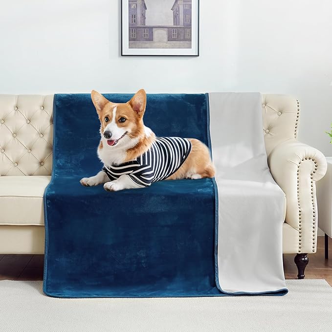 SOCHOW Waterproof Blanket for Bed Sofa Couch, Water Resistant Blanket Washable 80"x90", Reversible Leakproof Bed Cover for Adults Elderly Pets, Navy Blue & Light Grey