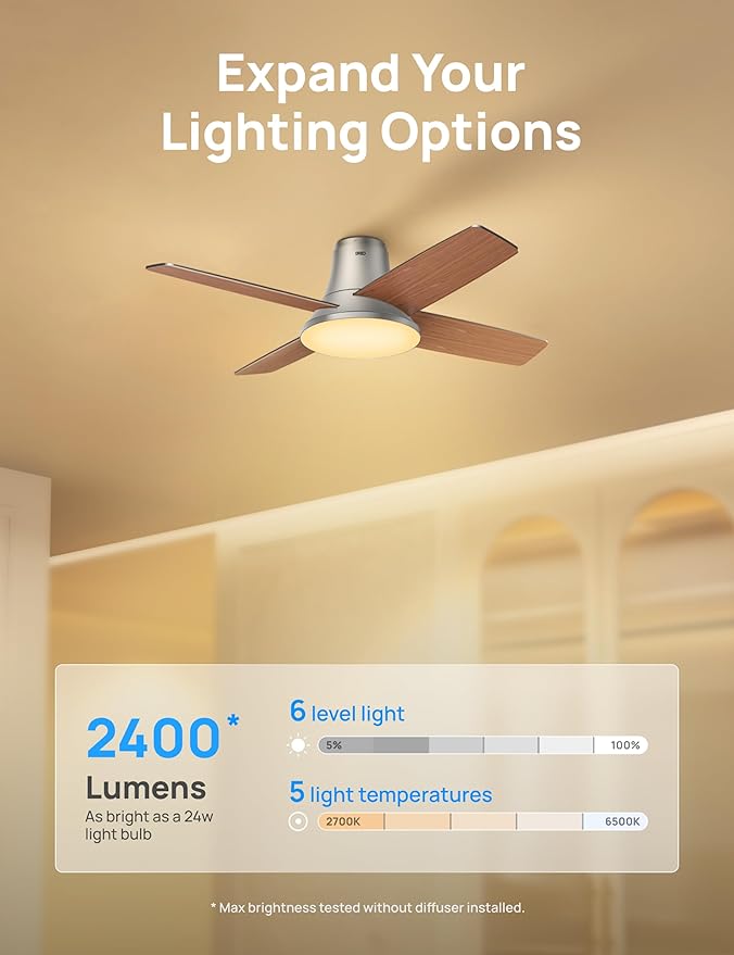 Dreo Ceiling Fans with Lights, 12 Speeds & 3 Fan Modes, Quiet DC Motor, Low Profile Easy to Install, Flush Mount Smart Ceiling Fan with Dimmable LED, 12H Timer for Bedroom, Remote, Silver, 44''